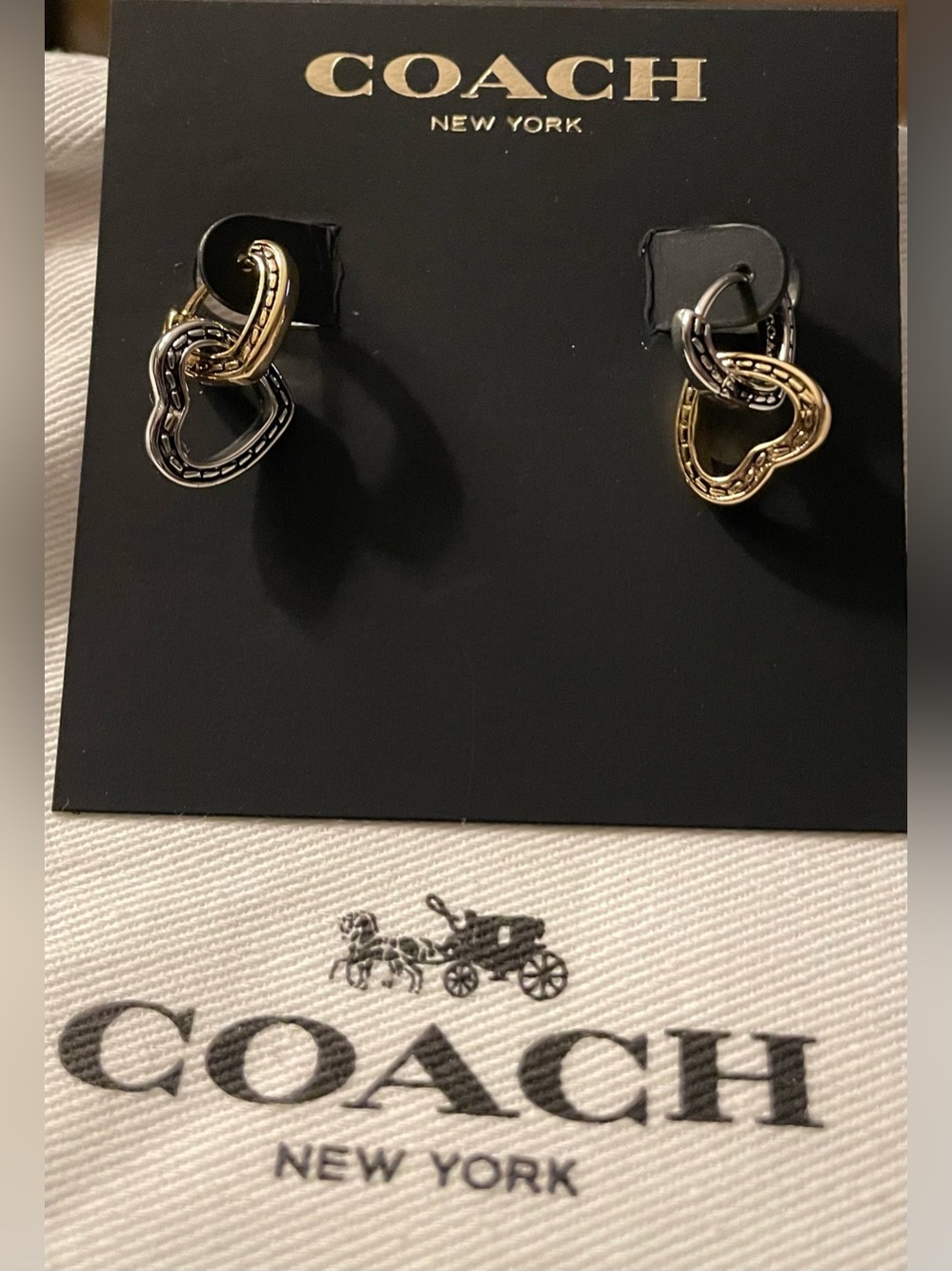 Coach Two-Tone Linked Heart Drop Earrings - Picture 1 of 3